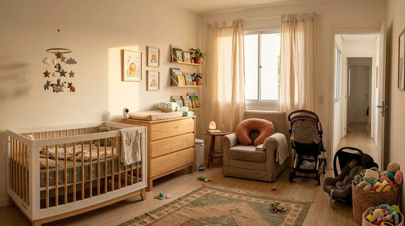 Quarto de bebê com berço, cômoda com babá eletrônica, poltrona, carrinho e bebê conforto