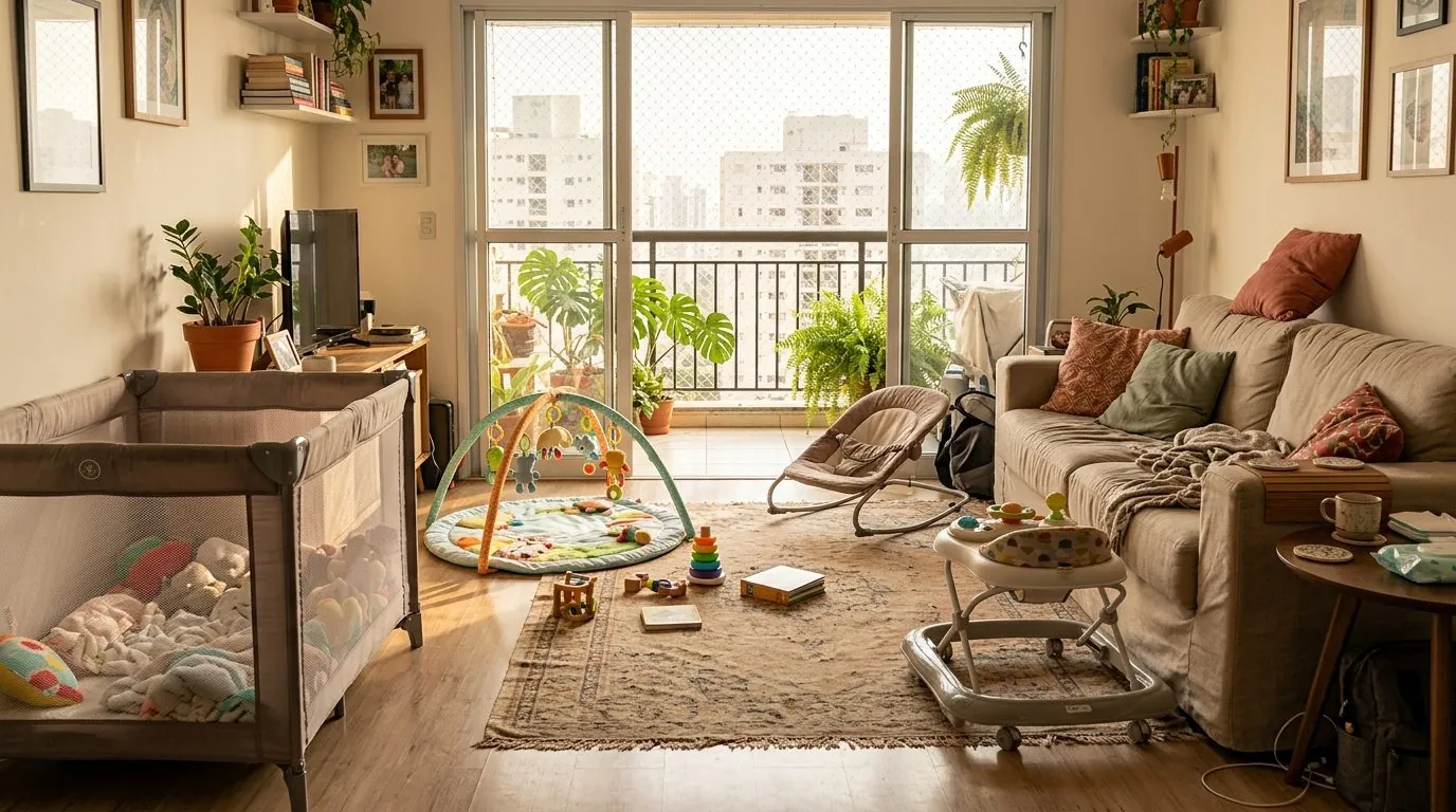 Sala com cercadinho, tapete de atividades com arco de brinquedos e cadeira de descanso