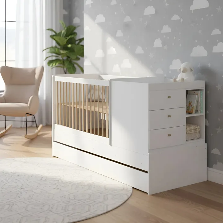 Berço multifuncional com cama auxiliar e cômoda Completa Móveis